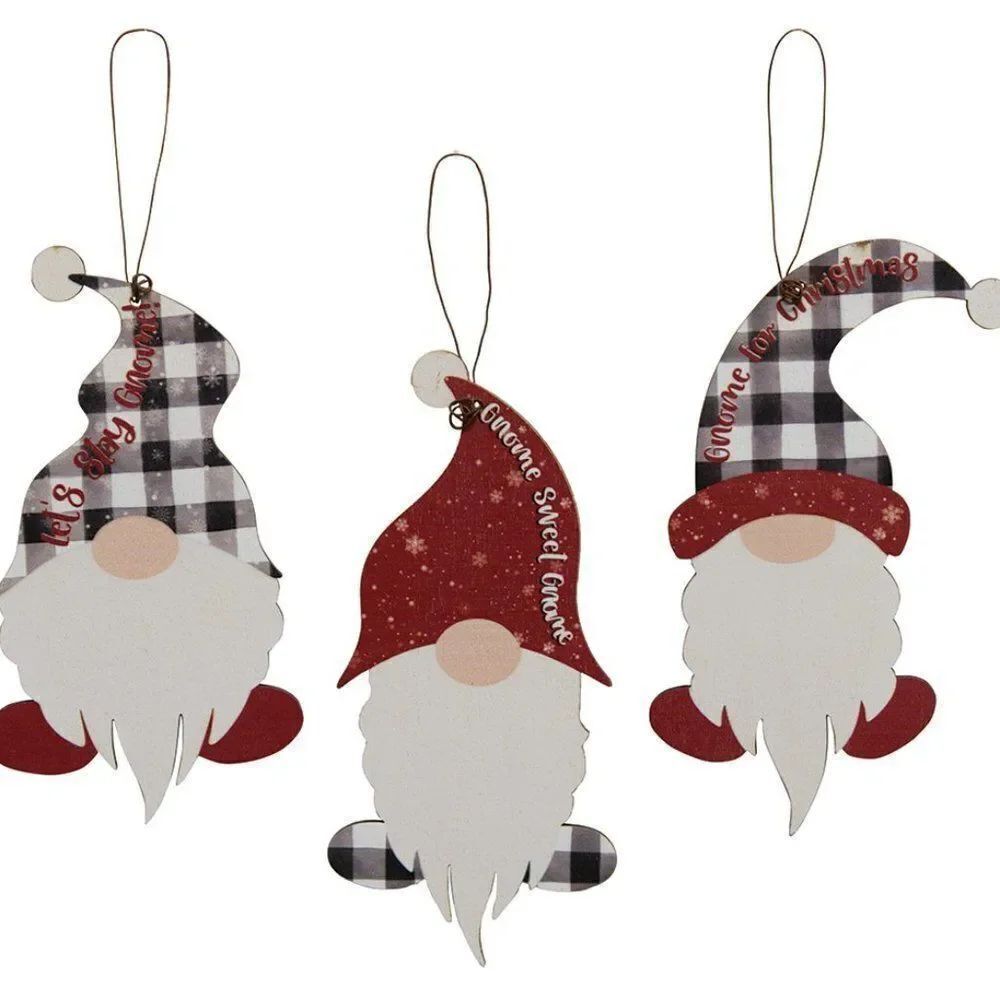 Christmas Gnome Set of Three Tree Ornaments Buffalo Plaid Checked Holiday